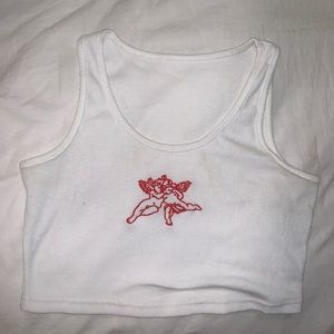 White crop tank with angel stitching, worn once!